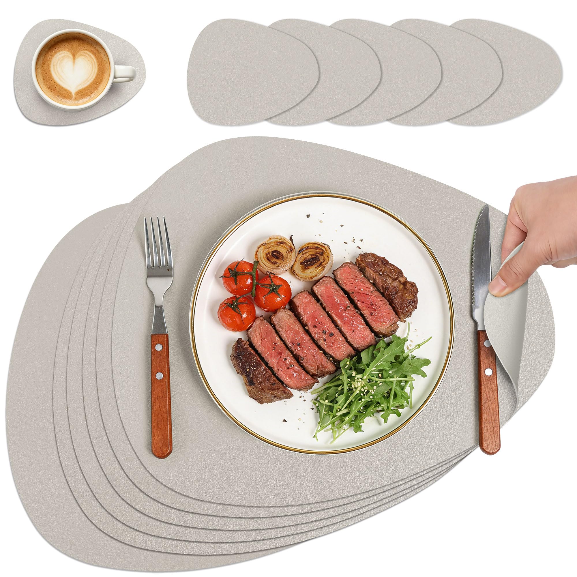 HELI MIAO Tischsets Abwaschbar,Platzsets Abwischbar, Leder,Hitzebeständig Doppelseitigen I 6er Set Platzdeckchen Lederoptik mit Untersetzer,Tischuntersetzer rutschfest,Salbeigrün
