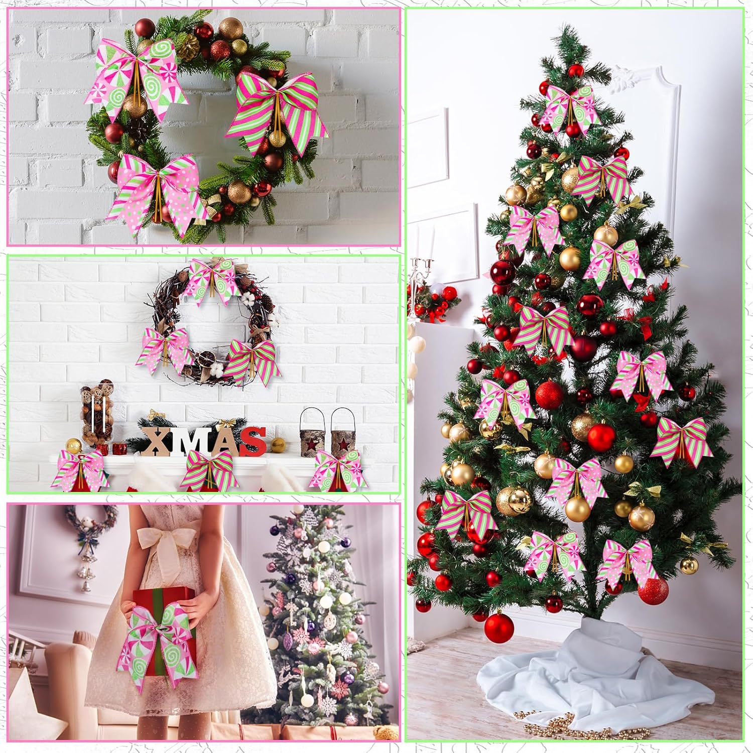 12 Pcs Christmas Pink Green Bows Decoration 6 Inch Large Christmas Candy Peppermint Bowknots Gift Wrapping Ribbon Garland for Xmas Tree Wreaths Holiday Crafts Party Accessories - Image 5