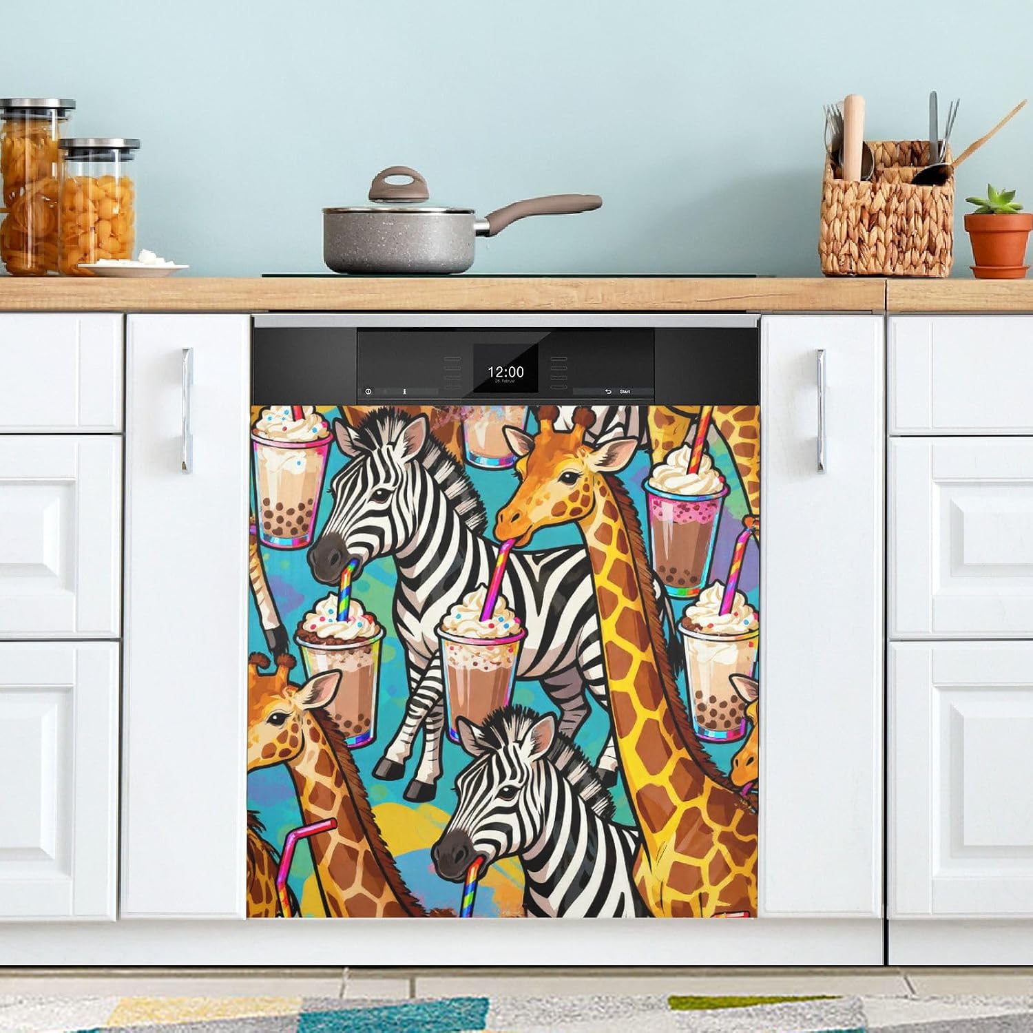 QUGRL Zebra Giraffe Drink Dishwasher Magnet Cover Front Door Decorative Refrigerator Covers Magnetic Sheet Sticker Wash Machine Fridge Panel Decal for Kitchen Appliance 23x26 in