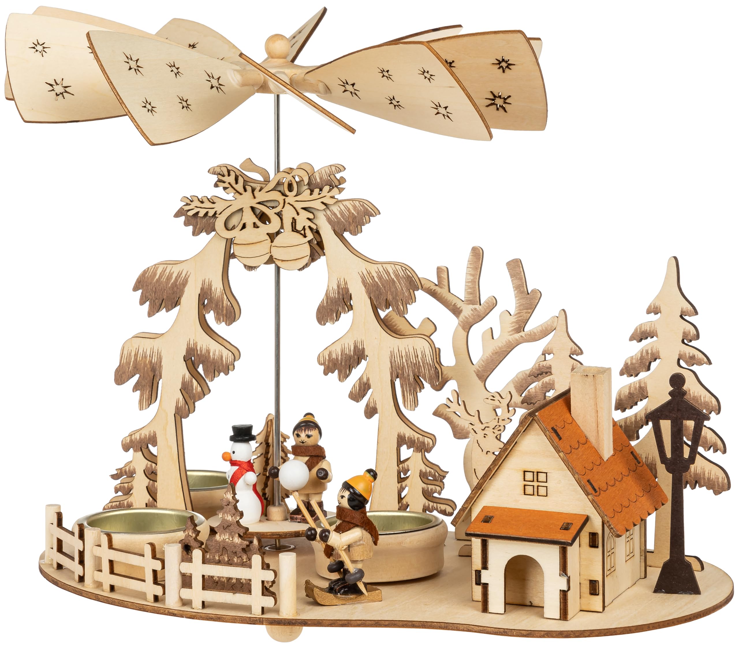 SIKORA P35e 2-in-1 Holz Teelicht Weihnachtspyramide Deko Pyramide Räucherfigur Wald mit rauchender Hütte