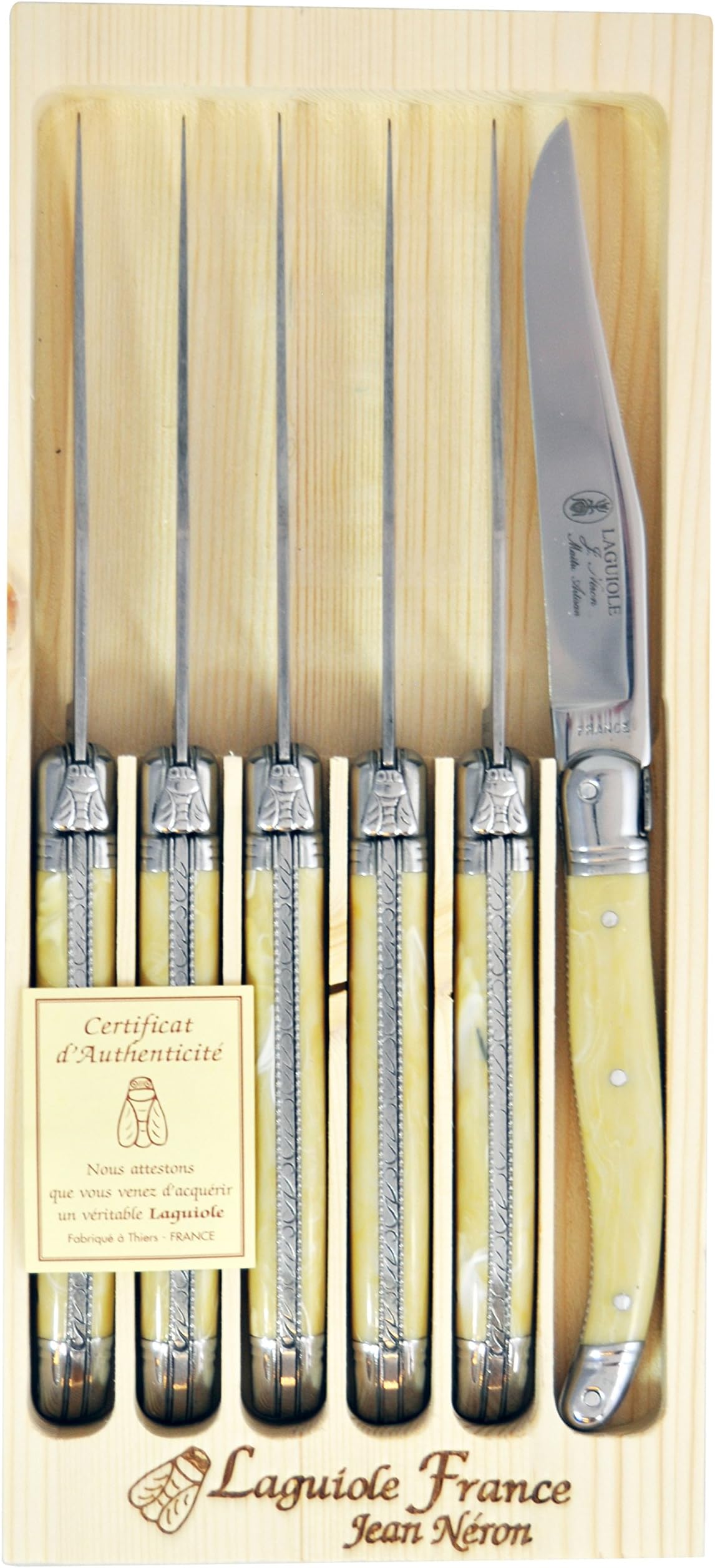 Neron Coutellerie Laguiole 6 Piece Handcarved Steak Knife Set with Plates and Pale Horn Handle with Wooden Box by Jean Neron