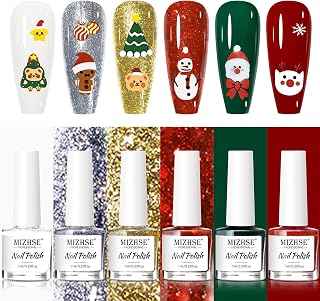 MIZHSE Quick Dry Christmas Nail Polish Set with Sticker, 6 Colors Red Green White Gold Sliver Sparkle Polish, Fast Drying Nail Polish Set Manicure Gift for Women