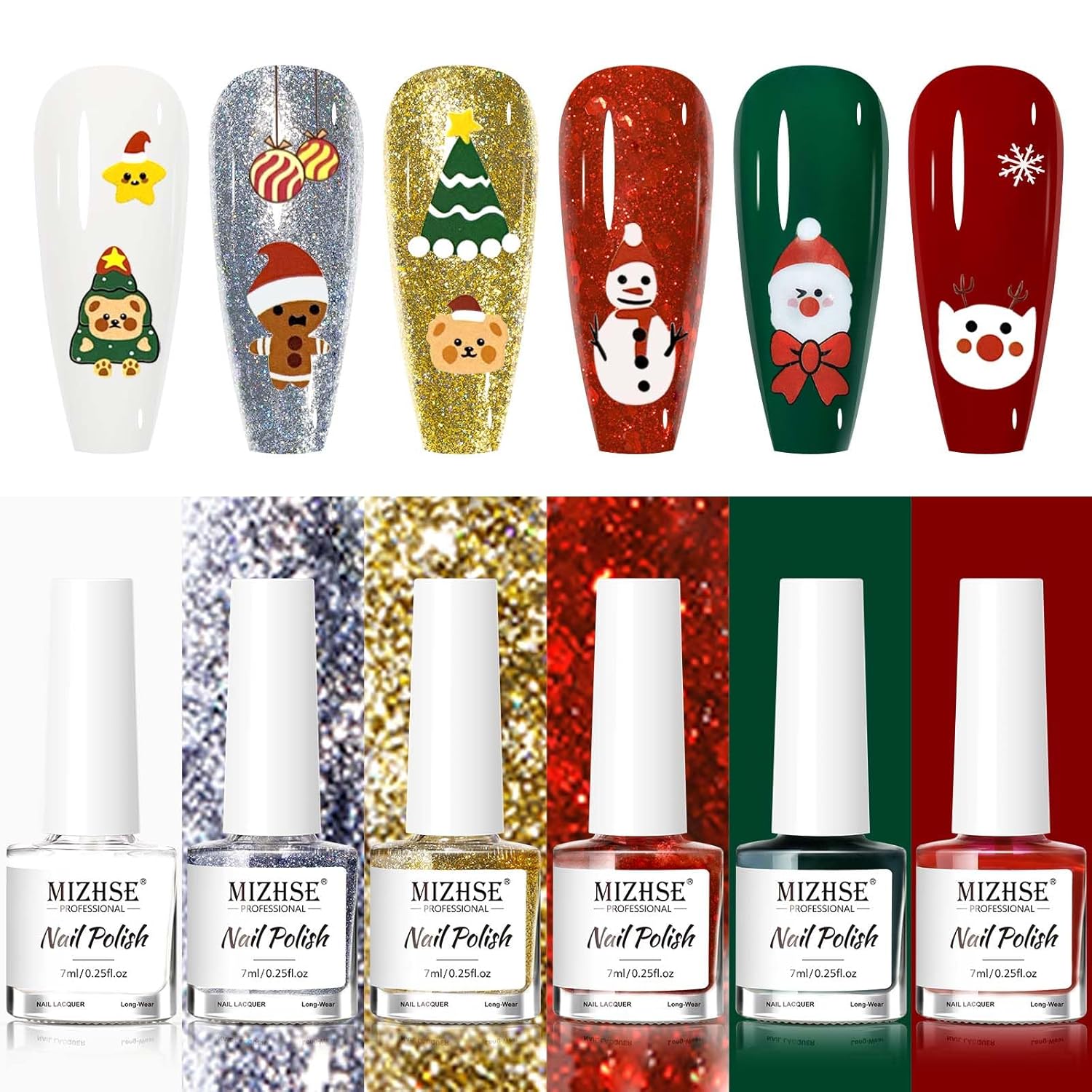 MIZHSE Quick Dry Nail Polish Set, 6 Colors Red Green White Gold Silver Sparkle Polish with Sticker, Air Fast Drying Christmas Nail Polish Set Manicure Gift for Women
