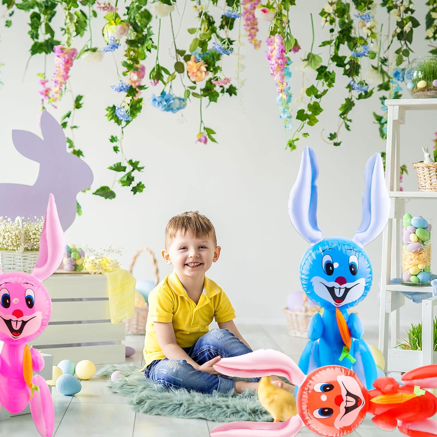 6 Pcs 23.6 Inch Easter Bunny Inflatable Toys Blow Up Easter Bunny with Carrot Balloon Inflatable Rabbit Decor for Party Basket Fillers Egg Hunt Supplies