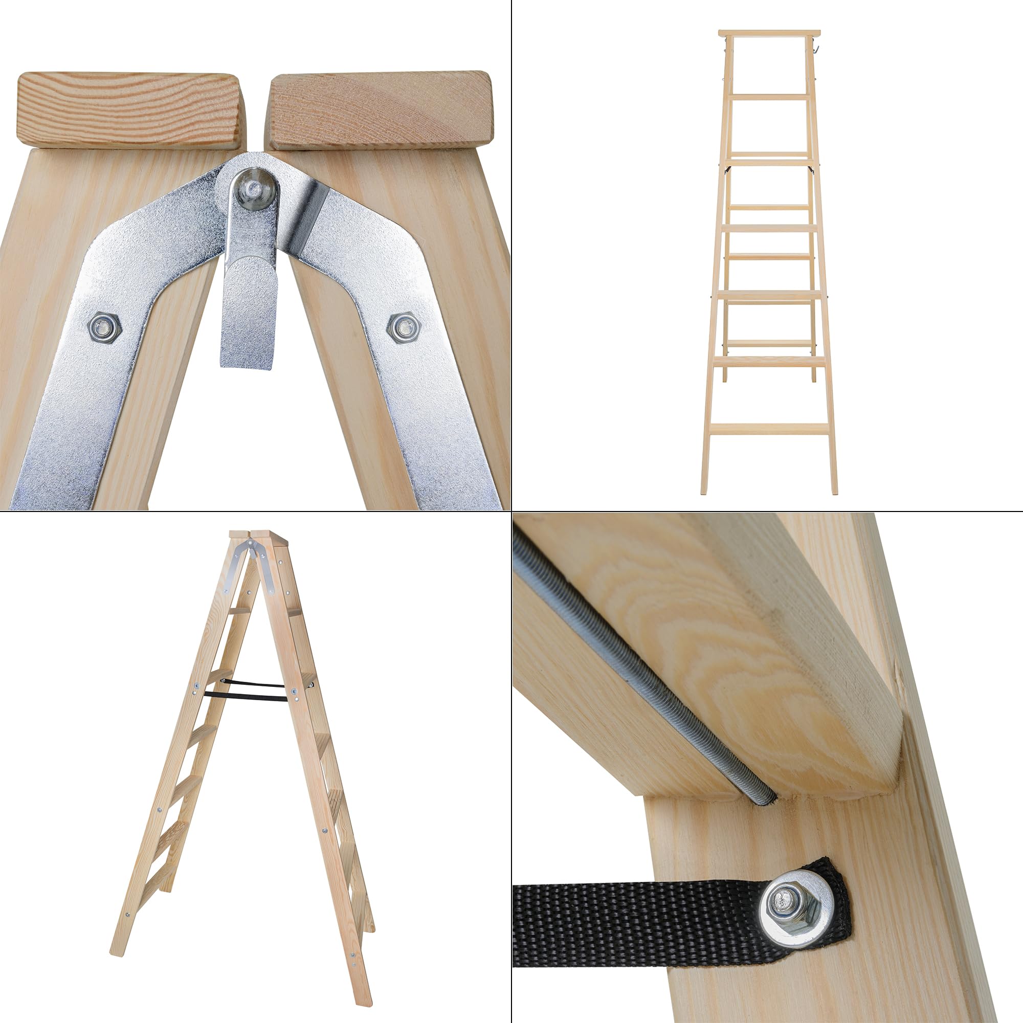 KADAX Échelle en Bois, Escabeau Pliante avec Crochet en Acier - 7 Marches