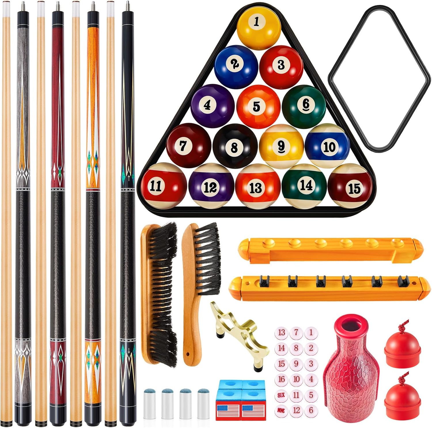 Liliful Pool Table Accessories Billiards Accessories Billiard Pool Balls with Triangle and Diamond Ball Holder Cue Chalks Pool Cue Tip Pool Sticks Pool Table Brush Set (Classic Style)