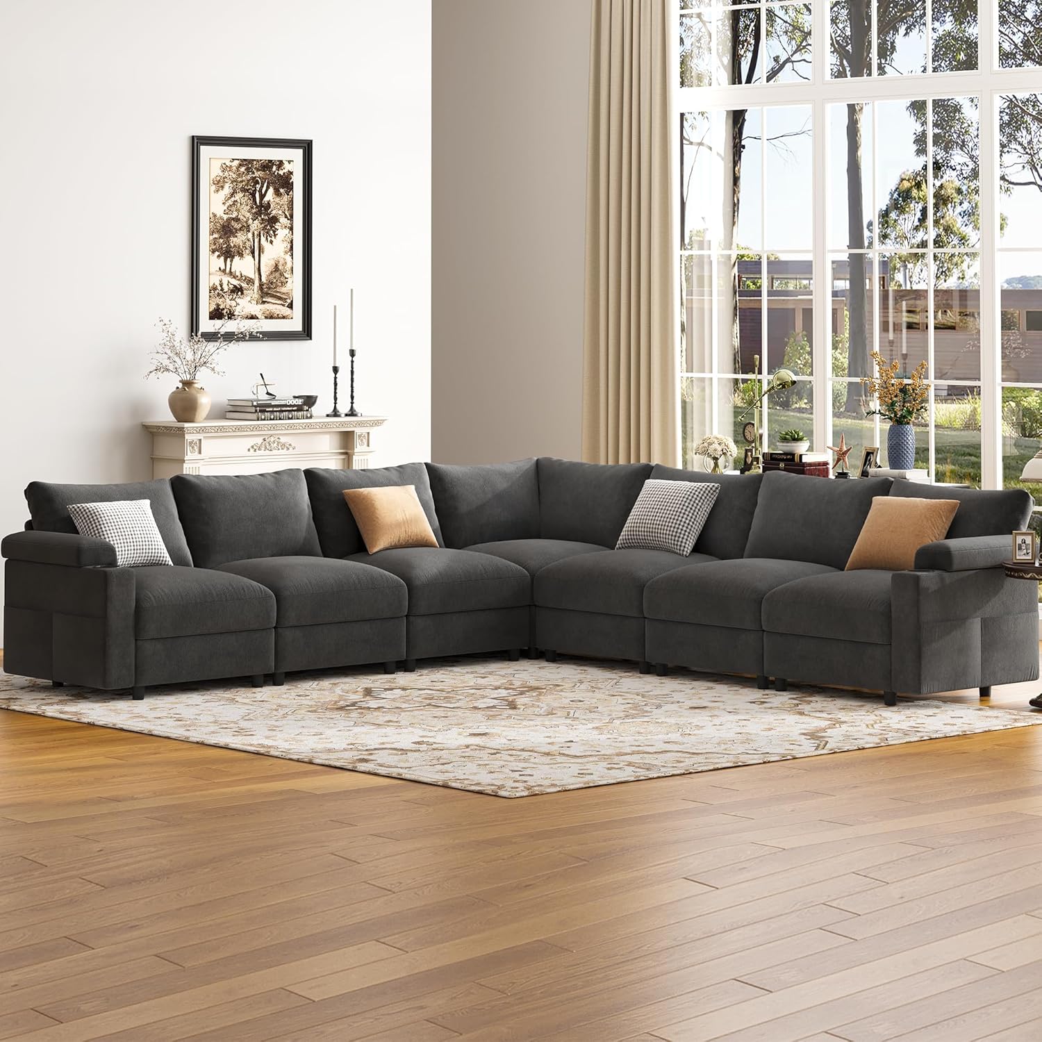 Sectional Couches for Living Room FSC Certified Velvet Modular Couch Oversized Cloud U Shaped Convertible Sleeper Sofa Chaise Detachable Armrest Cushion (Velvet Grey, Corner V Shape 7 Seat)