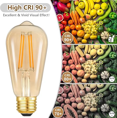 Miniatura 4 de Bombillas LED regulables de 7 W, bombillas Edison equivalentes a 60 vatios, bombillas LED vintage de vidrio ámbar ST58, blanco cálido 2700 K, base