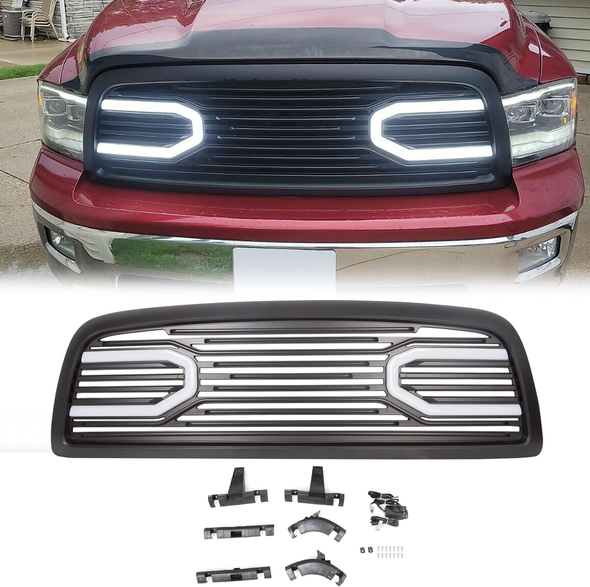 ECOTRIC Front Bumper Grill Compatible with 2009-2012 Dodge Ram 1500 Hood Grille Replacement Shell (Black, W/Light)