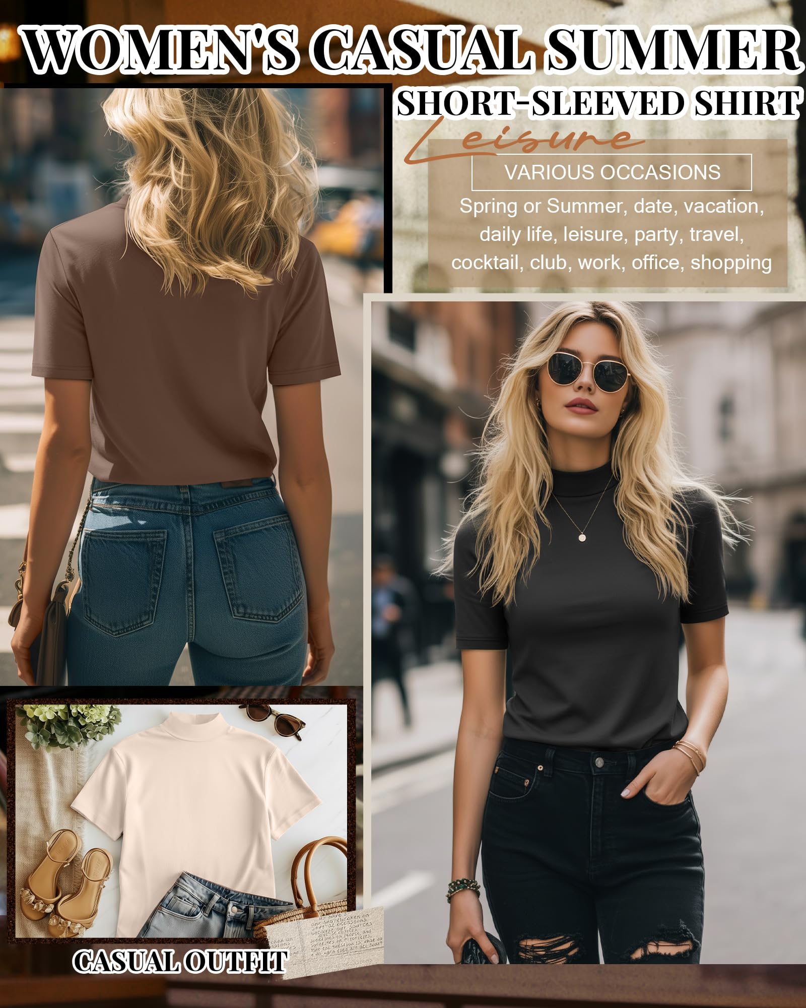 Ficerd Lot de 3 T-Shirts à Col Montant pour Femme, Manches Courtes, Coupe Ajustée, Style Décontracté, Idéal pour l'Été