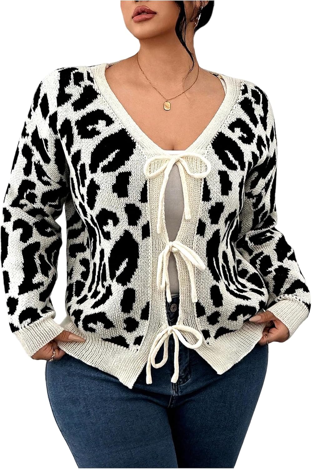Verdusa Women's Plus Size Leopard Bow Tie Cardigan Sweaters Cozy Knit Outerwear Fall Outfits