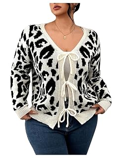 Verdusa Womens Plus Size Leopard Bow Tie Cardigan Sweaters Cozy Knit Outerwear Fall Outfits