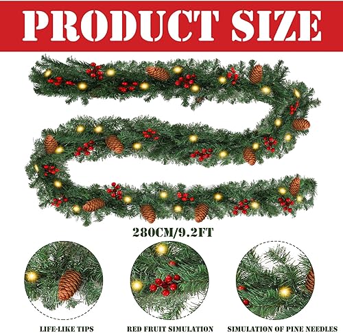 Miniatura 2 de Yuxung Guirnalda de Navidad artificial de 9.2 pies con piñas de bayas rojas, 50 luces LED blancas cálidas impermeables para interiores y exteriores,
