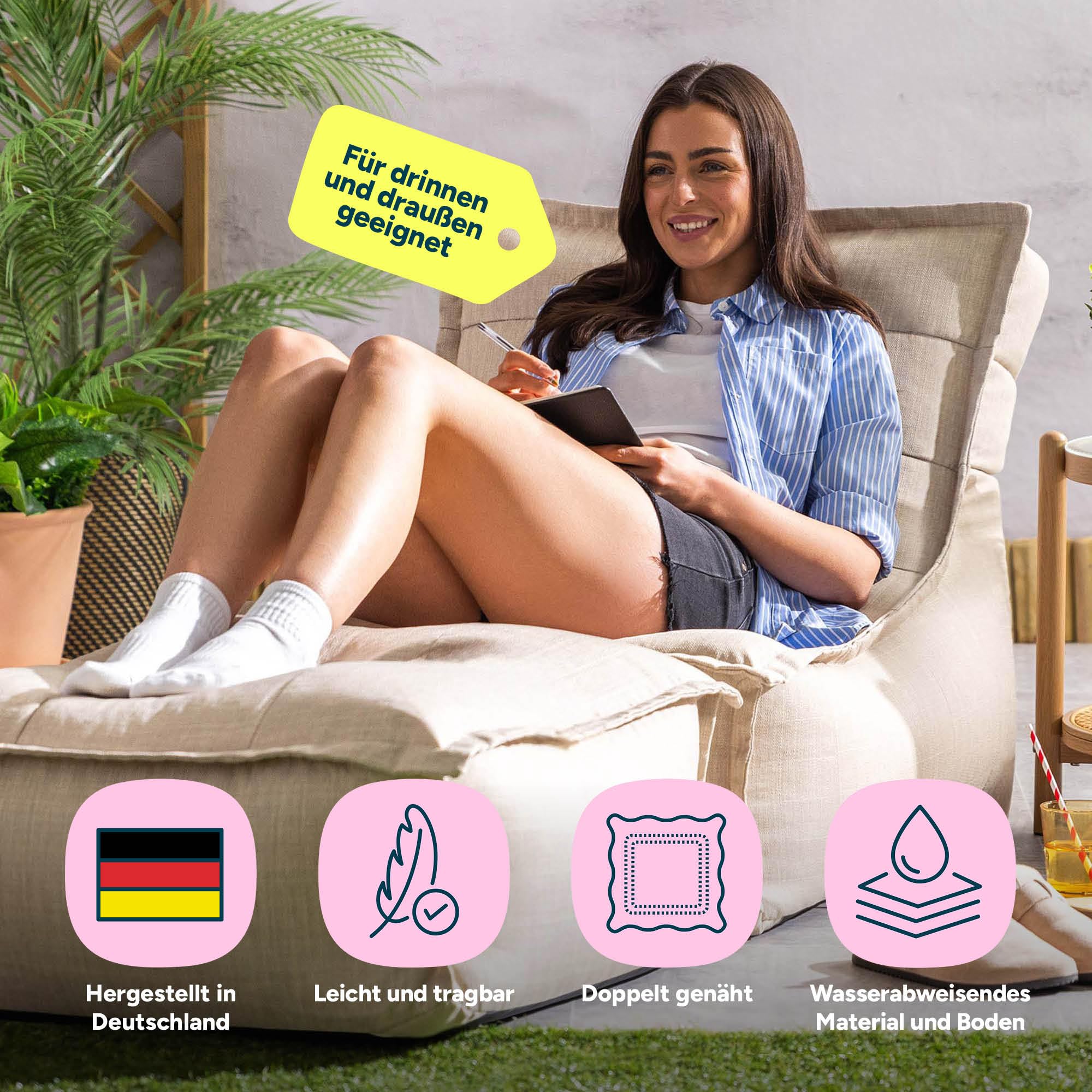 Icon Dolce Outdoor Sitzsack mit Hocker für Erwachsene, Beige, Sitzsack-Liege mit Füllung, Bean Bag, Wasserabweisender Stoff, Bequemer Sessel für Wohnzimmer, Lounge, Schlafzimmer, Garten