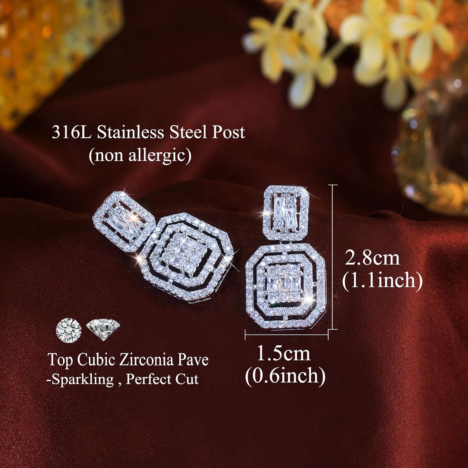Big Square Drop Dangle Earrings for Women, White Cubic Zirconia Crystal, Wedding Bridal Party Jewelry
