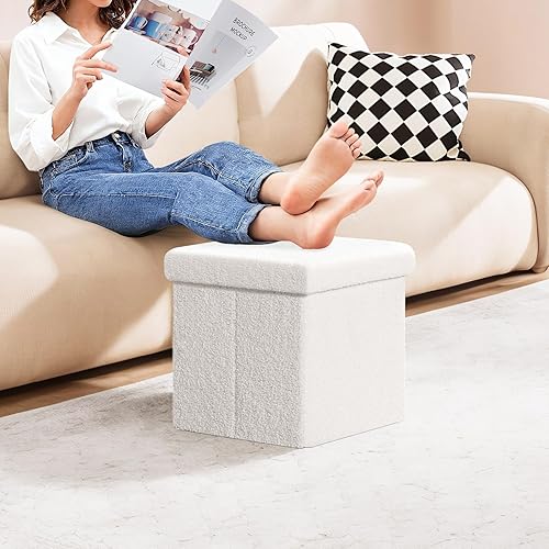 Miniatura 144 de PINPLUS Otomanas otomanas de almacenamiento con forma cuadrada con reposapiés de almacenamiento para sala de estar, asiento otomano Boucle para