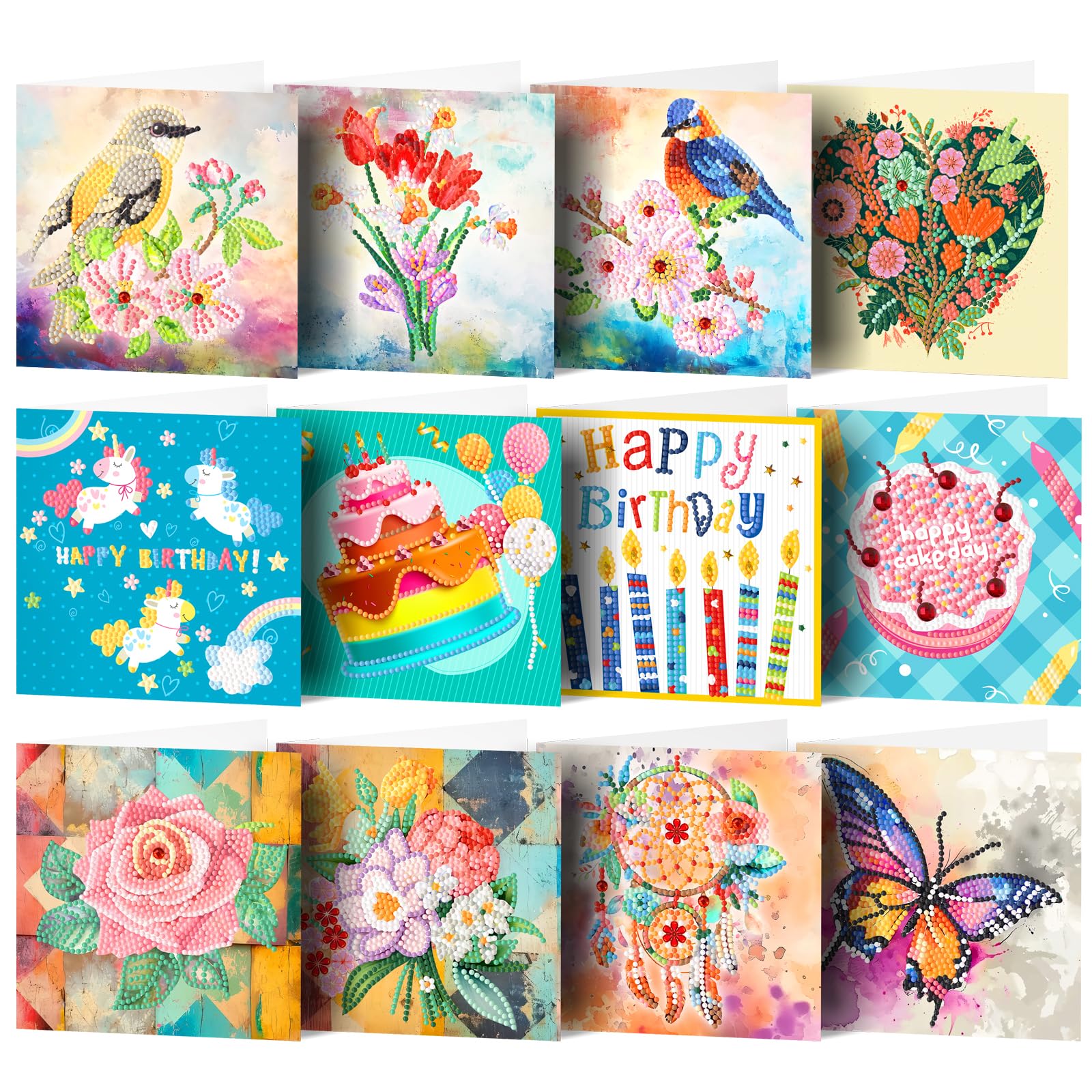 POETRYDRAW 12Pcs DIY Diamond Art Greeting Cards Set with Envelopes & Tools — Creative Birthday & Thanksgiving Card Kit (Birthday Wishes)