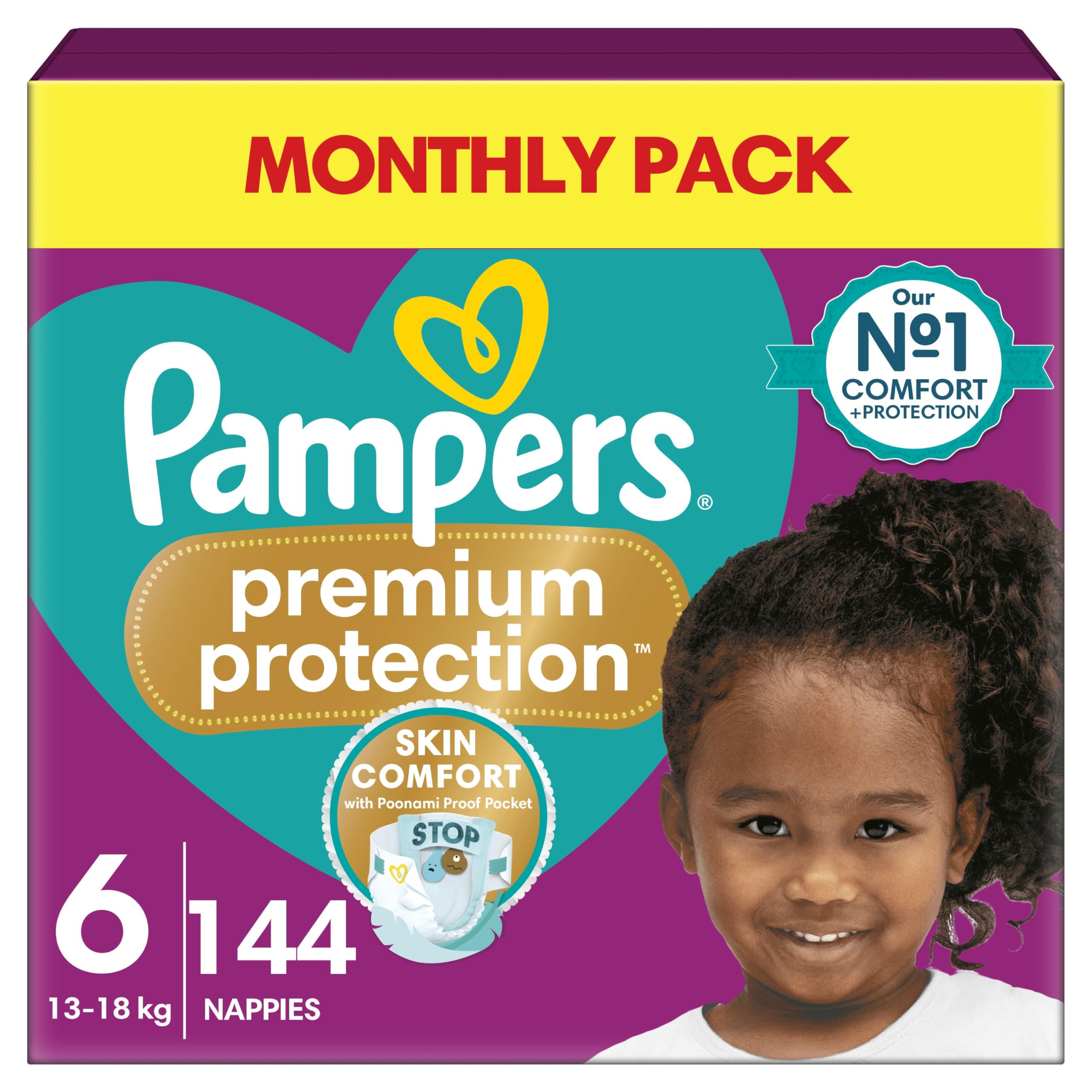 Pampers Premium Protection Size 6, 144 Nappies, 13kg-18kg, Double Protection for skin and against leaks