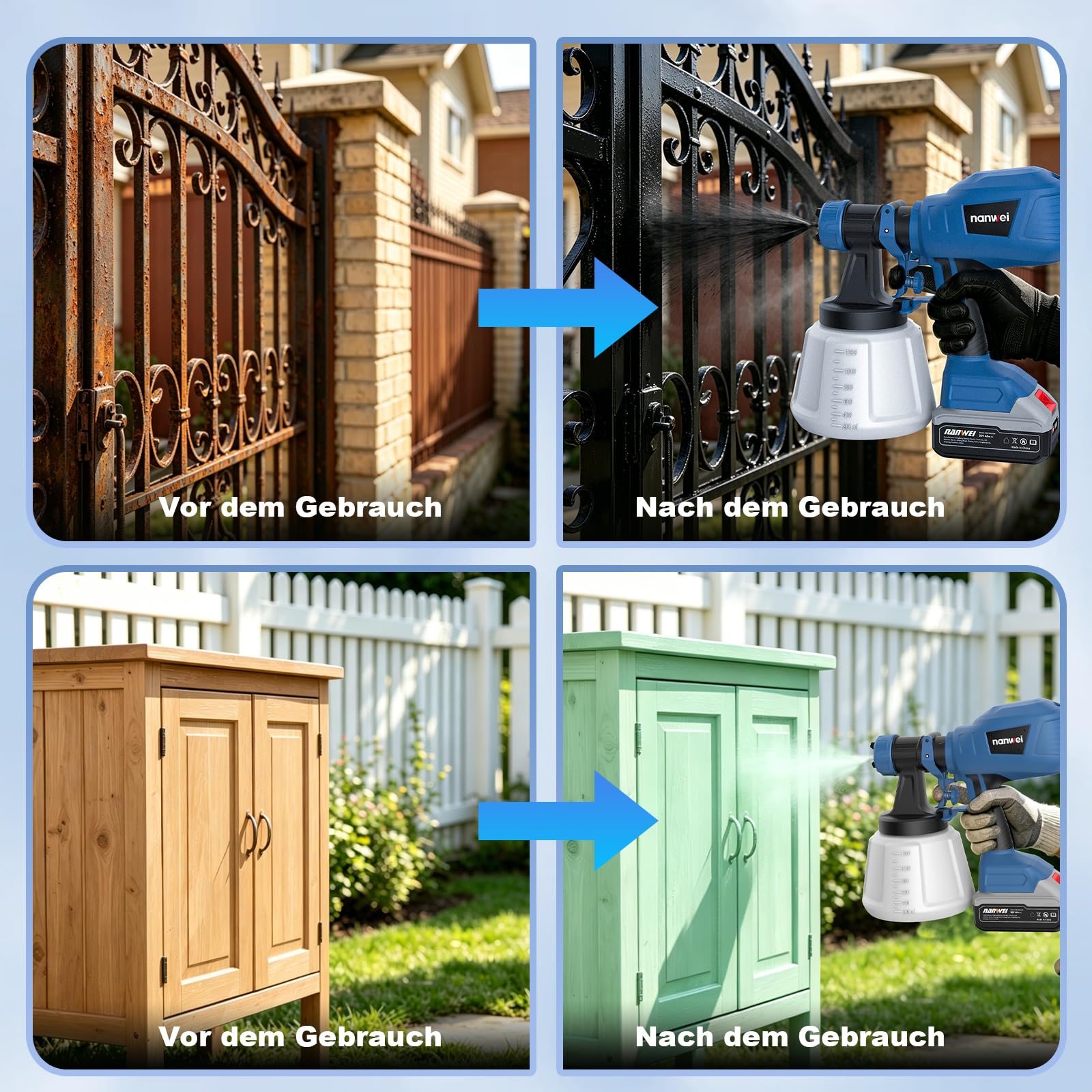NANWEI Pulverizador de pintura a batería compatible con batería Makita de 18 V, pistola pulverizadora con depósito de 1200 ml, pulverizador de pintura para valla con 4 boquillas y 3 patrones de