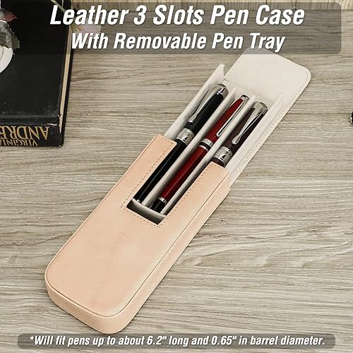 Vista 53 de Top Grain - Estuche organizador de cuero genuino para 12 bolígrafos y lápices, diseño minimalista sólido, hecho a mano, cierre magnético con cajón