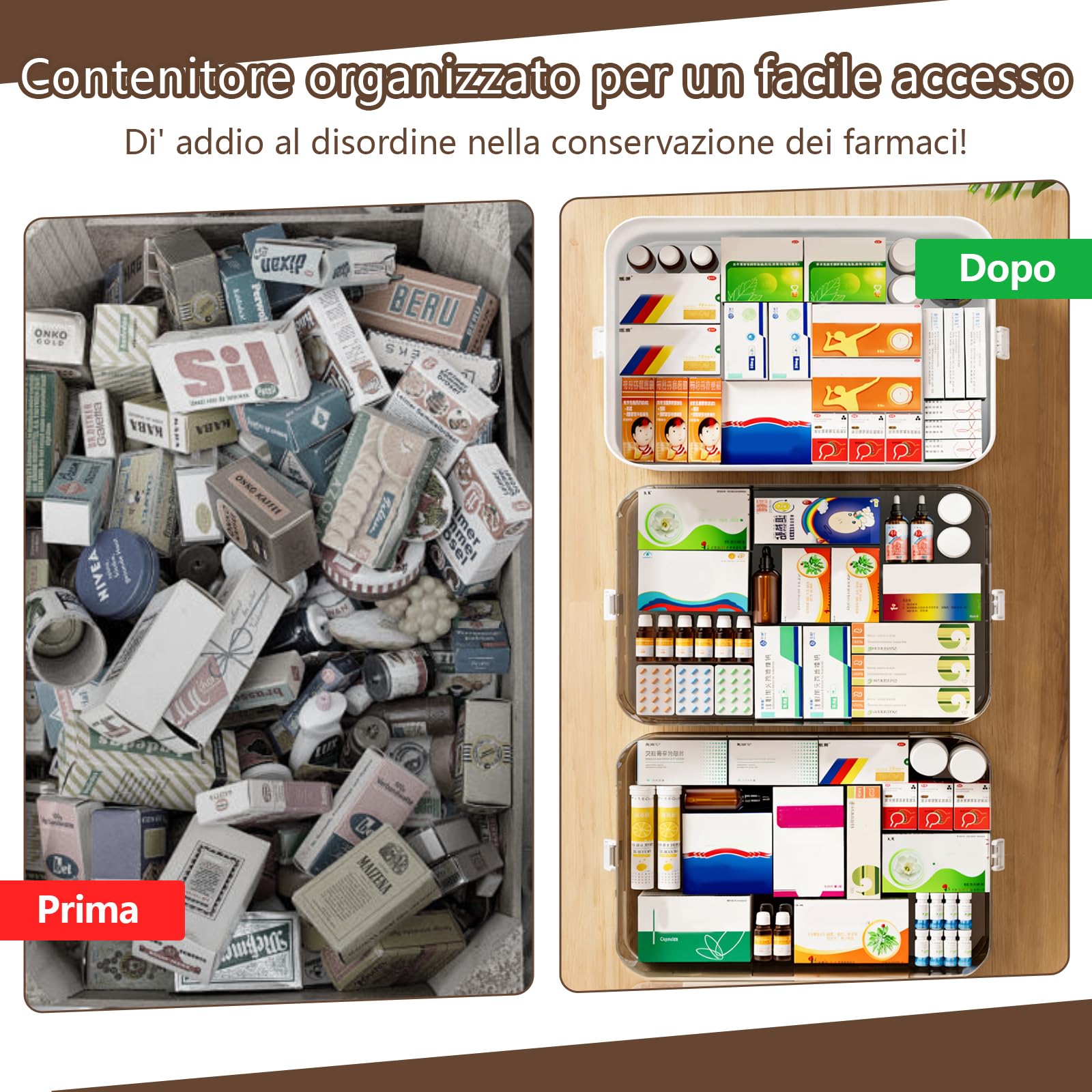 Scatola Portaoggetti per Medicinali a 3 Ripiani, Grande Scatola per Medicinali con Manico e Scomparti Rimovibili, Organizer per Famiglia, Ufficio, Scuola e Viaggi, Bianco