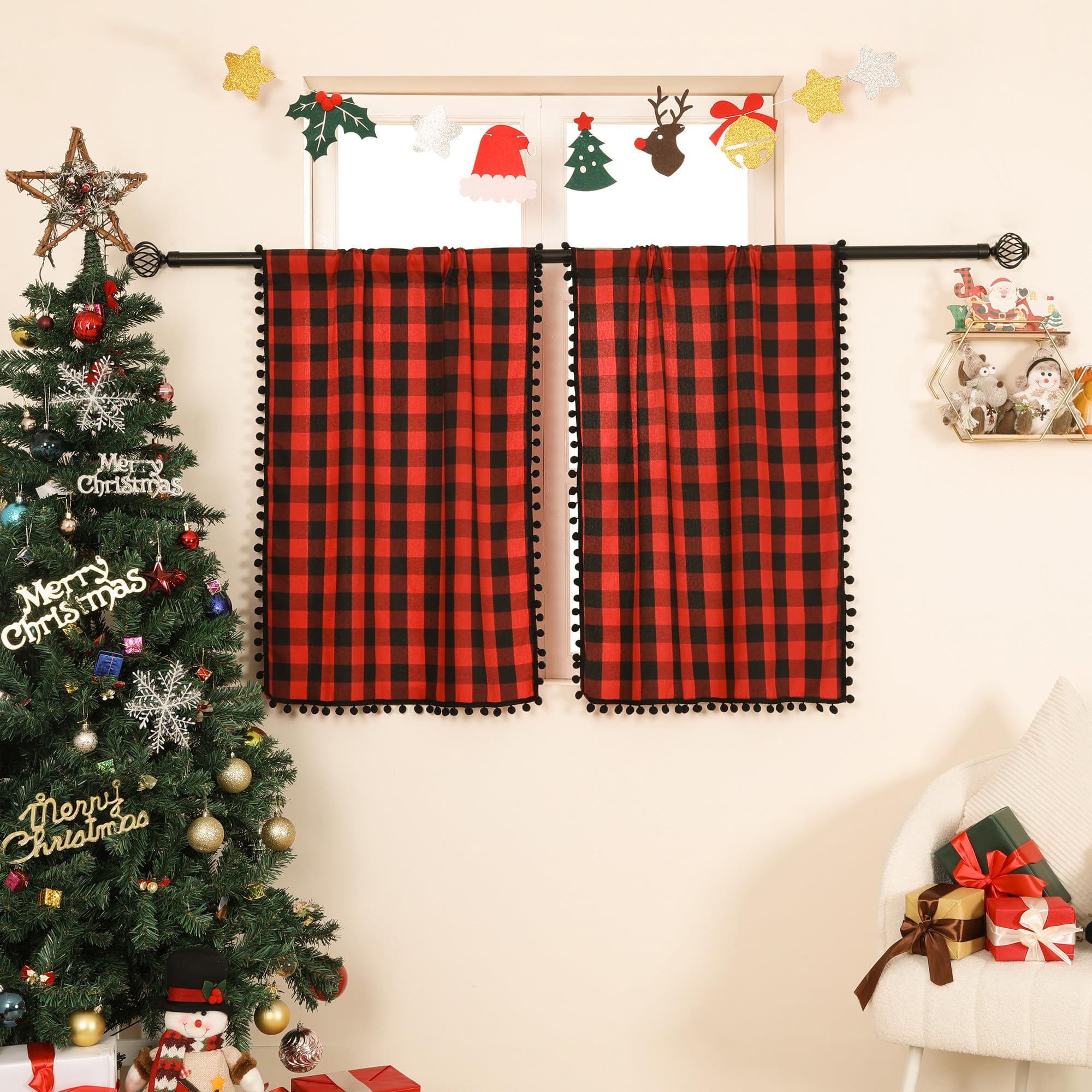 Bentrilisa Pom-pom Buffalo Check Tier Curtains 36 Inches Rod Pocket Cafe Half Small Window Curtains Farmhouse Plaid Gingham Kitchen Bathroom Short