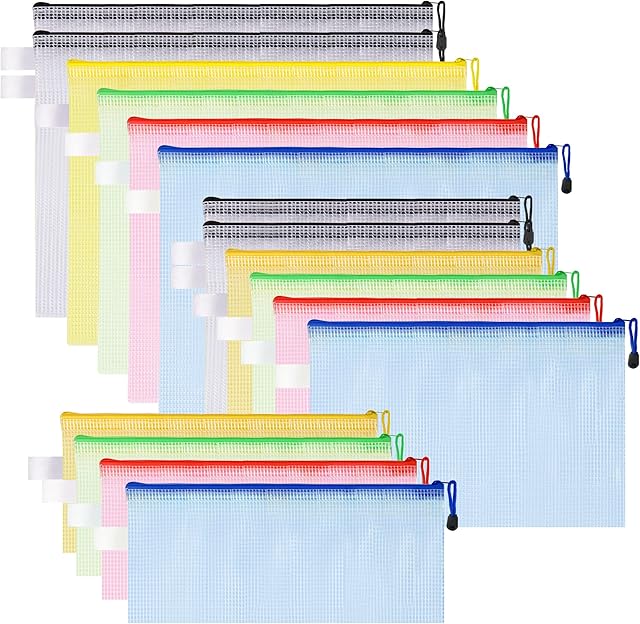 HEETA 16 Pack Plastic Zip Wallets Folder Zipper Mesh Pouch with 3 Sizes (A4 A5&Pencil Pouch) Document Folder, File Zipper Bags for School Office Household Travel Supplies (5 Colors)