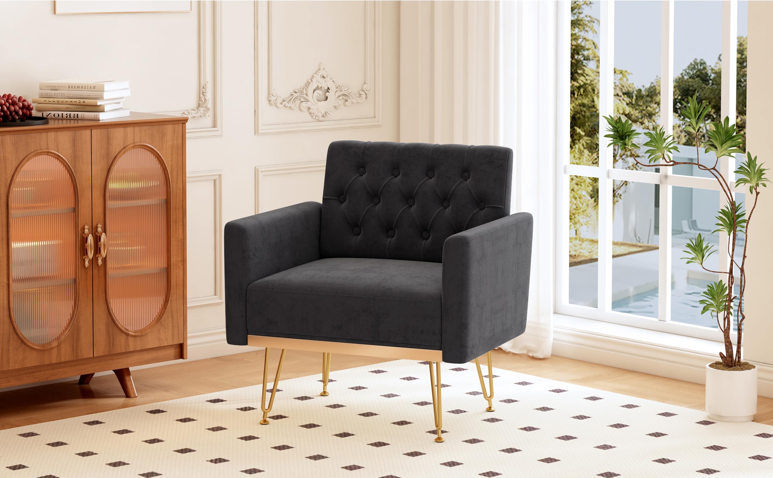 Accent Chair for Living Room, Comfy Oversized Velvet Upholstered Arm Chair, Mid Century Modern Reading Single Sofa Side Chair with Tufted Back and Gold Legs for Bedroom (1-pack)