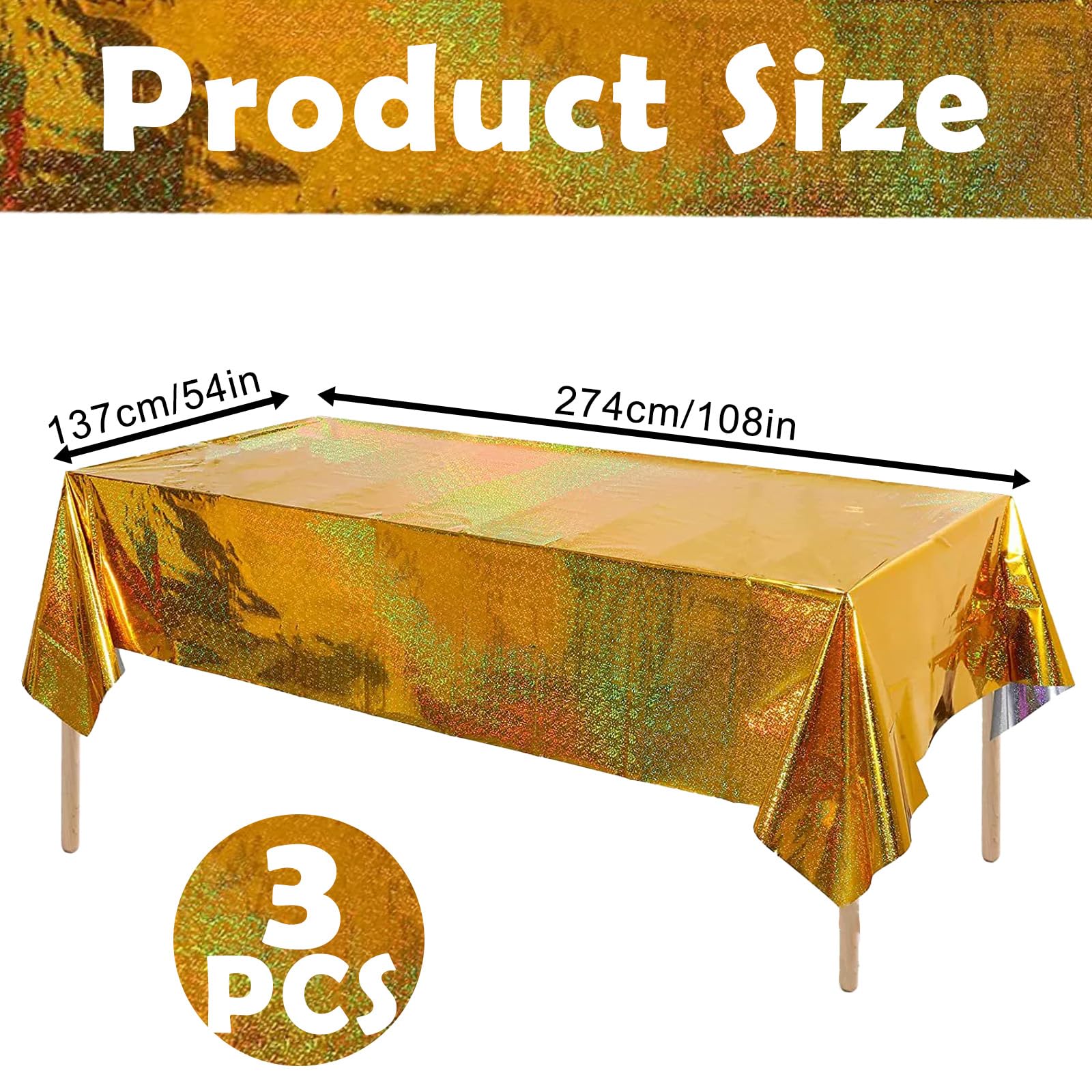 confezione da 3 tovaglie dorate iridescenti per feste, 137 x 274 cm, copertura da tavolo scintillante e olografica con glitter, in plastica con lamina diamantata, rettangolare, ideale per