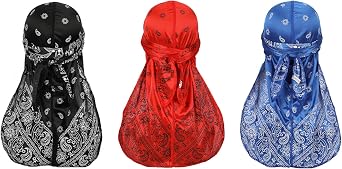 Deepth 3PCS Paisley Silky Durags Pack for Men, Satin Doo Rag Black,Red, Royal Blue