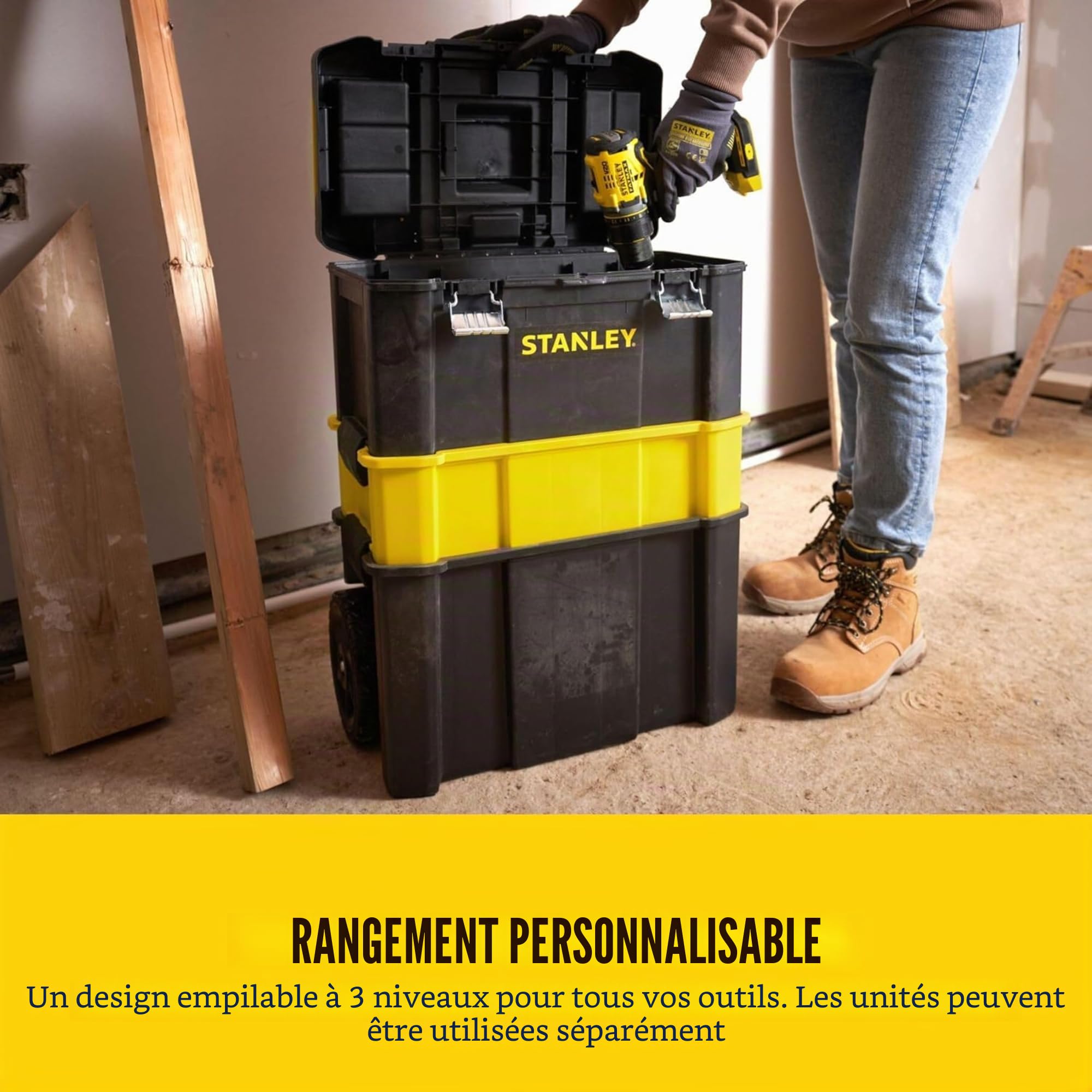 STANLEY Boîte à outils roulante essentielle, unités empilables 3-en-1, solution d'outils portable, STST1-80151