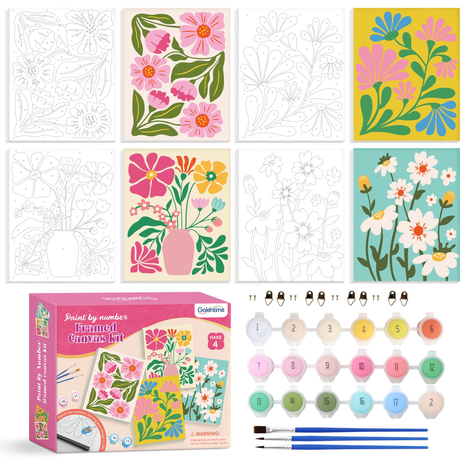 goldentime Easy Paint by Numbers Kit for Kids &amp; Adults Beginner | Easy DIY Flowers Acrylic Oil Painting on Canvas with Frame | 4 Pack 8x10 Inch Framed Paint by Number Canvas Kits for Home Wall Décor