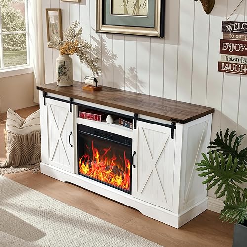 ROCKPOINT 58" Fireplace TV Stand for TV up to 65 Inch with Farmhouse Tall Sliding Barn Doors, Entertainment Center with Storage Cabinet, 23" Electric Fireplace with Remote, White