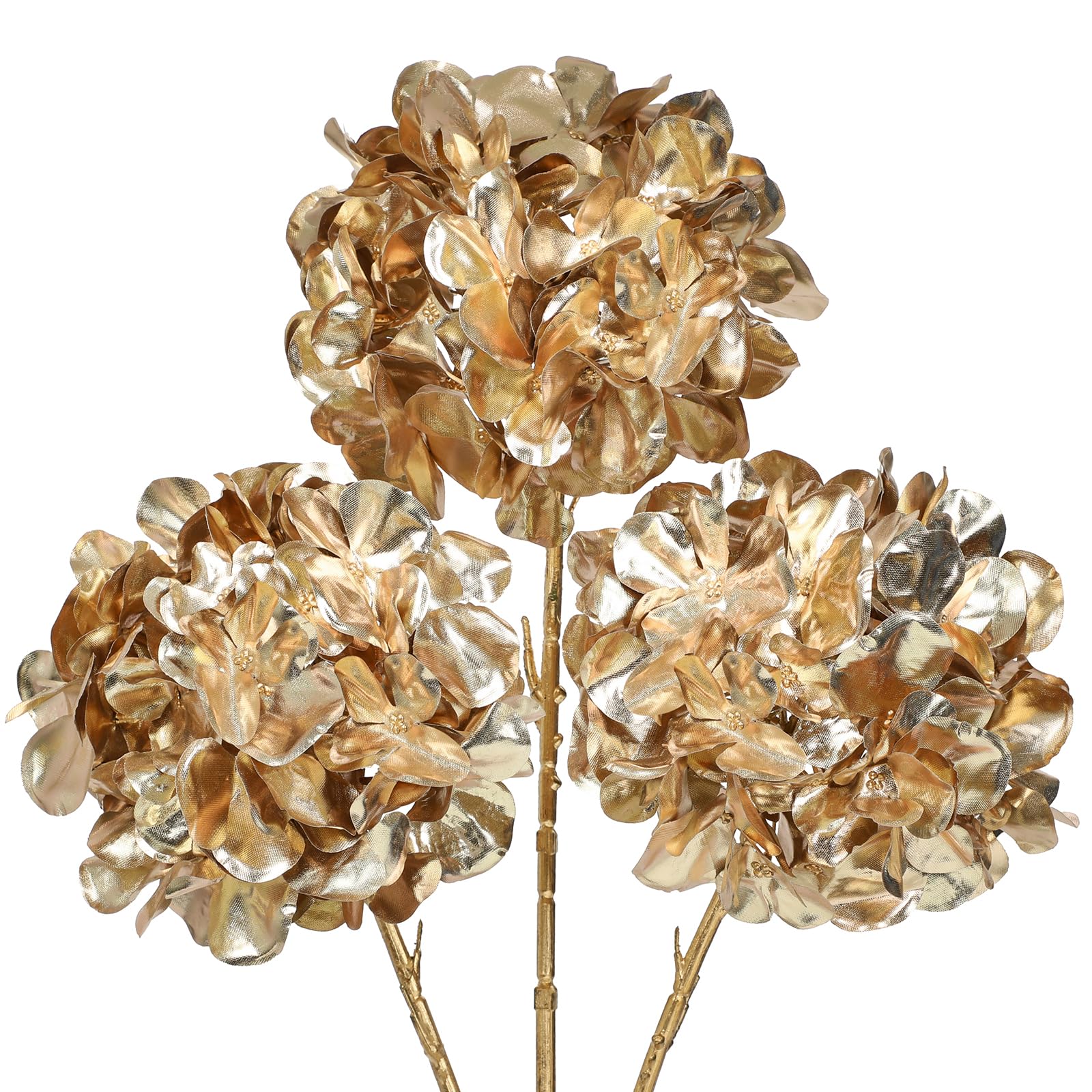 Photo 1 of Hollyone 3Pcs Artificial Hydrangea Flowers 26inch Christmas Ornaments Flowers Champagne Gold Fake Hydrangea Flower Floral Arrangements Bouquets Xmas Faux Hydrangeas Stems Wedding Christmas Home Decor