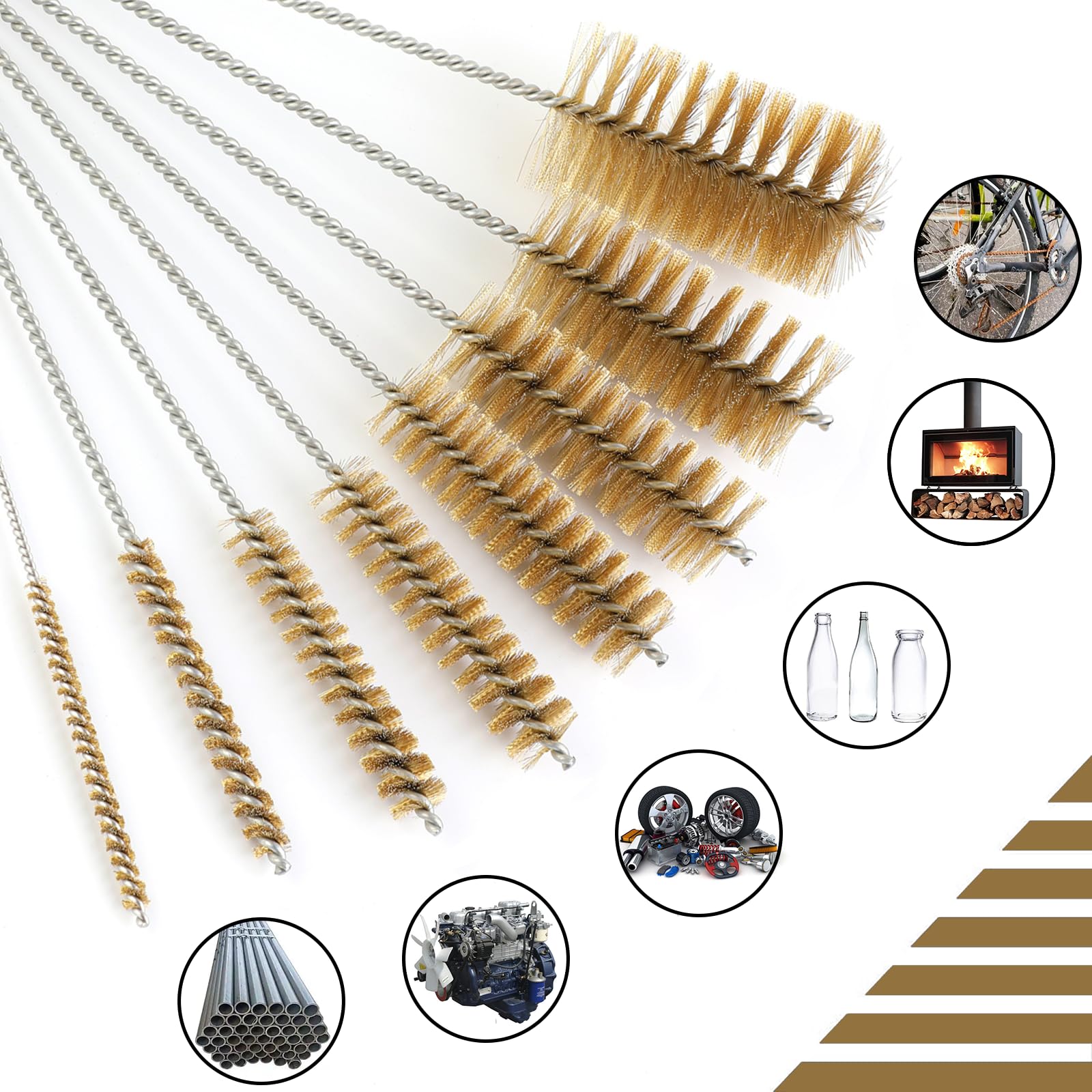 Spazzole per tubi in ottone lunghe 30,5 cm, per la pulizia dei tubi, con setole in ottone, kit di 8 misure per ricambi auto, bottiglie, pistole, tubi, ecc