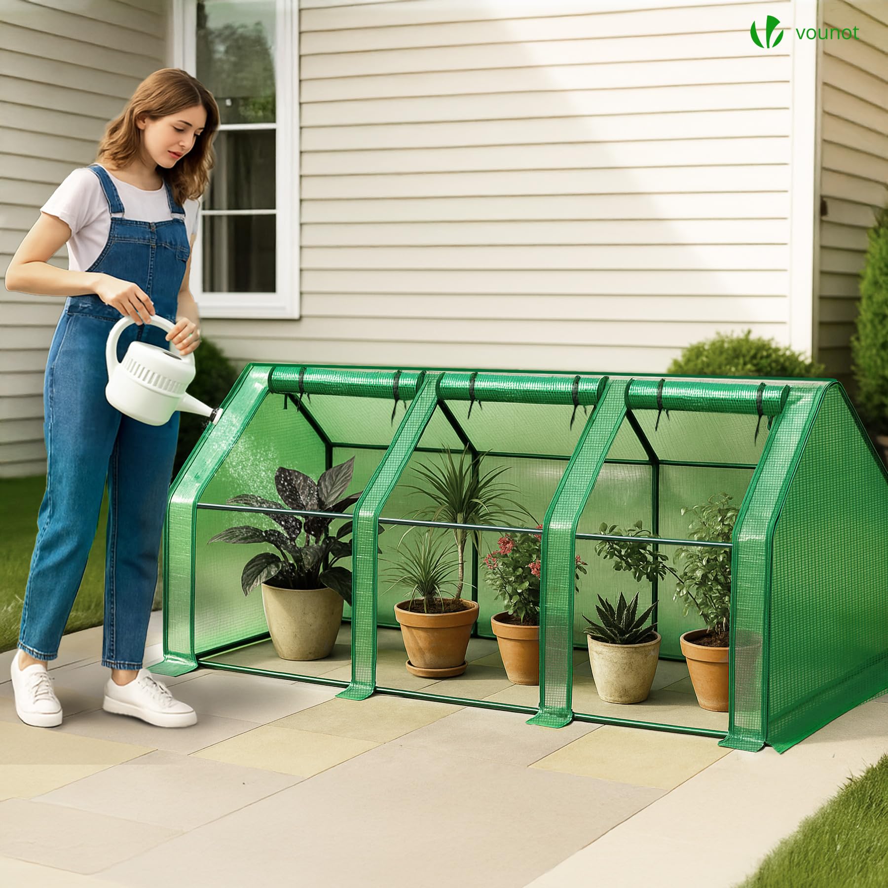 VOUNOT Invernadero de Jardín Mini 270x90x90 cm, con Techo en Punta y 3 Ventanas Enrollables con Cremallera, Cubierta PE Reforzada de 135g/m², para Semilleros, Plantas, Flores y Verduras, Verde
