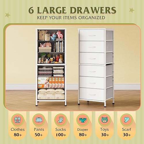 Miniatura 5 de WLIVE White Tall Dresser for Bedroom, 6 Drawer Dressers & Chests of Drawers, Fabric Dresser for Closet, Living Room, Night Stand with Metal Frame,