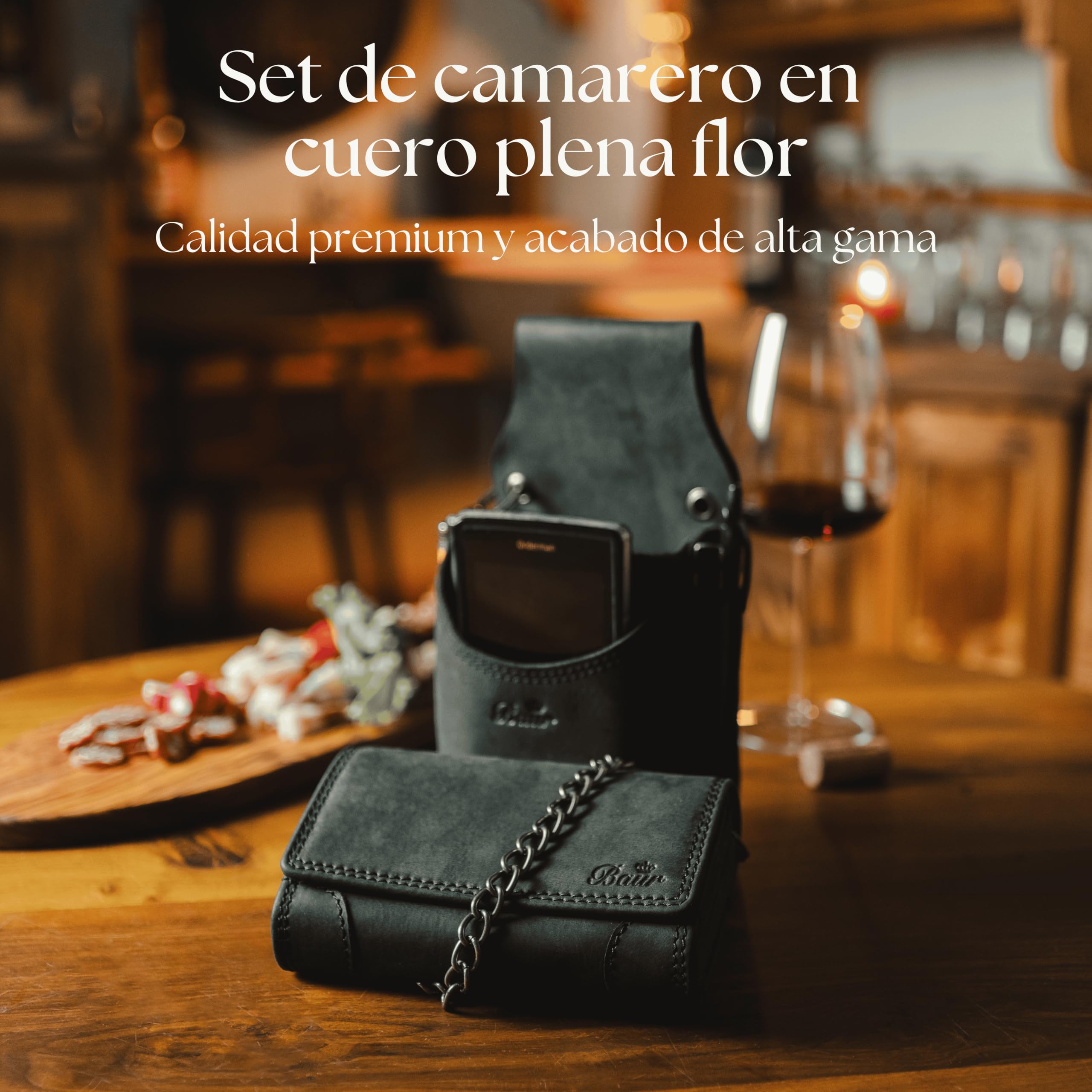 Carteras de camarero de piel de búfalo, Negro , 28 x 8 x 15 cm, Set grande con cierre de botón a presión