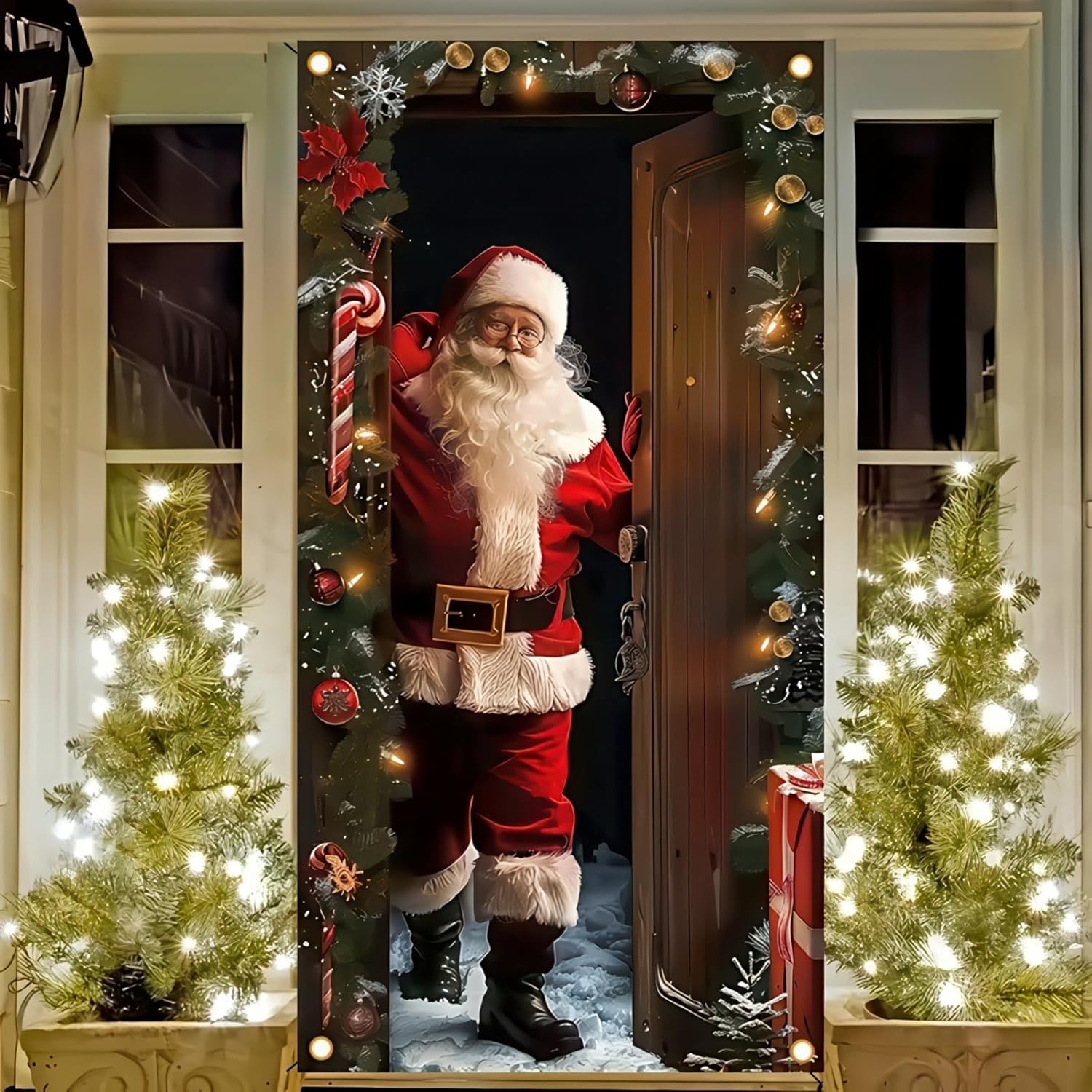 Christmas Door Cover 35x71 Inch Santa Claus Door Banner, Classic Merry Christmas Winter Porch Sign with Candy Cane, Holiday Entry Decor Indoor Outdoor Farmhouse Party Hanging Cover - Image 3