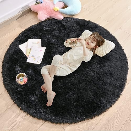 Merelax Black Round Rug for Kids Room, 4 ft Soft Shaggy Circular Rug for Baby Nursery, Fluffy Circle Rug for Bedroom, Furry Carpet for Teen Girls Room, Fuzzy Plush Area Rug for Dorm Children Play Mat