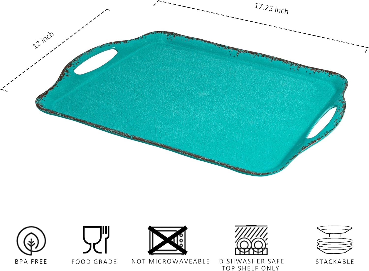 LEHAHA Large Farmhouse Melamine Serving Platters, Serving Tray with Handle for Food, Appetizer, Cupcakes, Dessert, Raised Edge Large Party Platter or TV Dinner Trays, 17.25x12 inch, Set of 2, Teal - Image 6