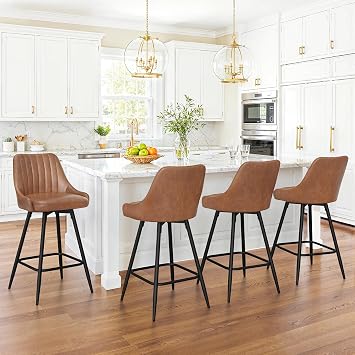 LUE BONA Counter Height Bar Stools Set of 4, 26 Swivel Modern Barstools with armrests and Metal Legs, Upholstered Bar Chairs, Faux Leather Bar Stools for Kitchen Island, Brown