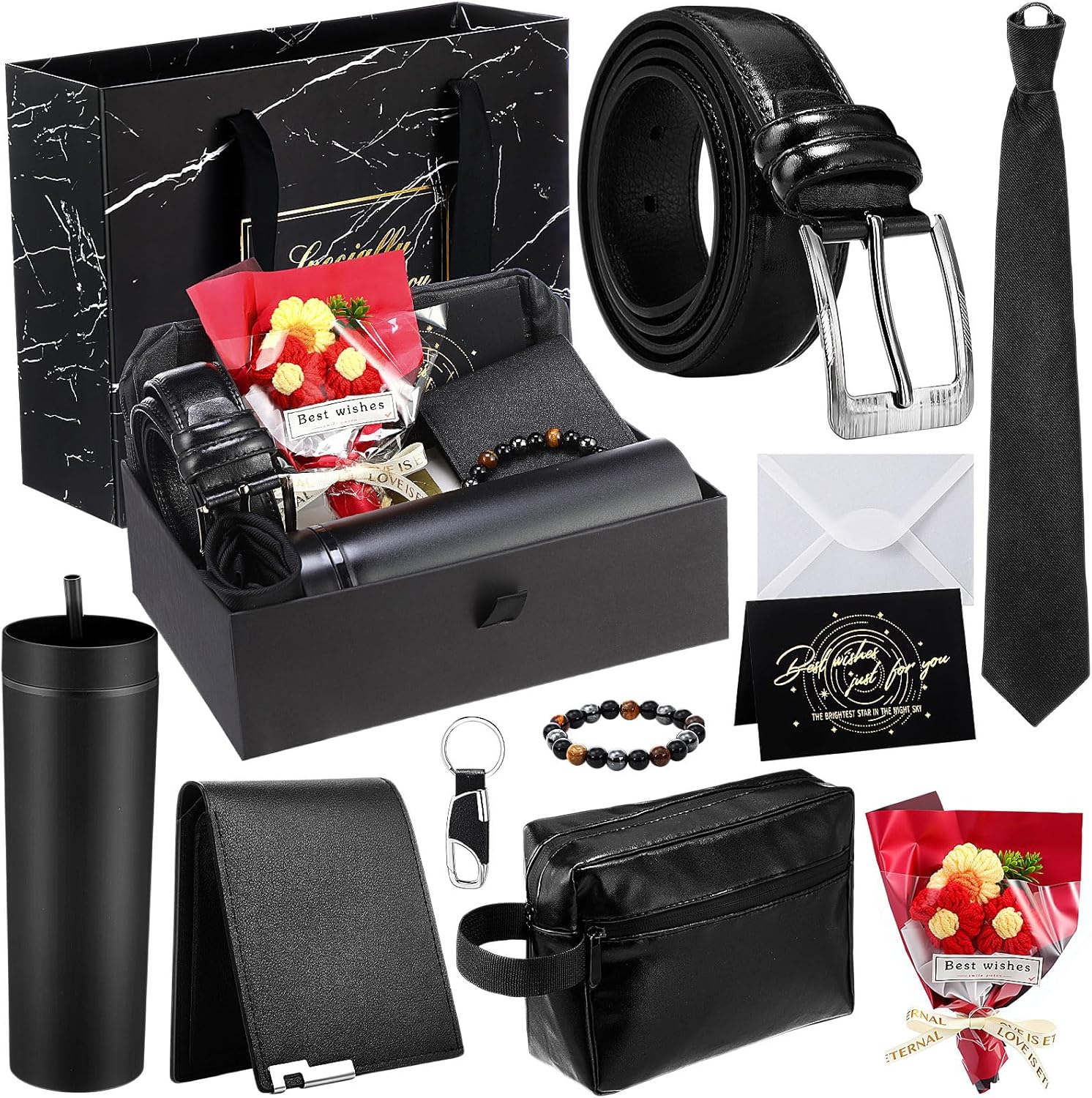 Tioncy 10 Pcs Father Day Gifts Set, Dad Men Gift Basket Box Kit - 16 oz Tumblers Wallet Tie Belt Anniversary Birthday Present for Him Husband Boyfriend(Chinese Red)