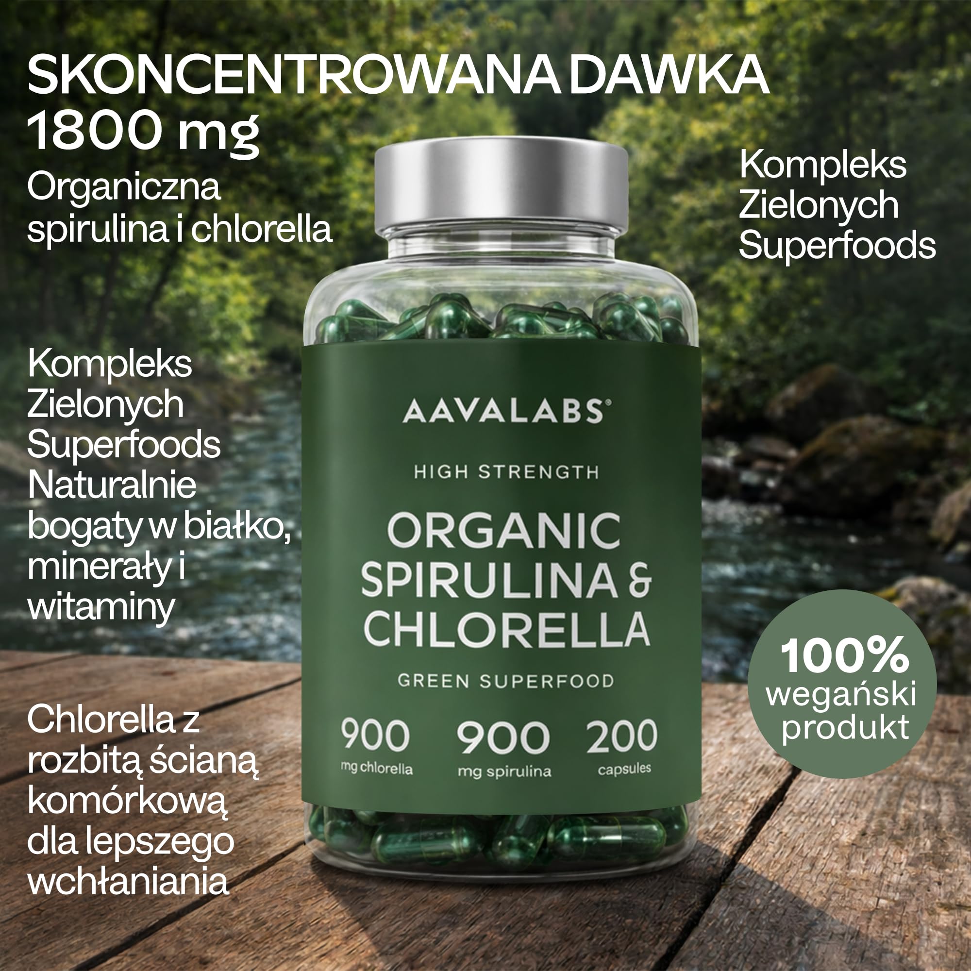 200 Kapsułek ze Sproszkowaną Spiruliną i Chlorellą [1800 mg] - Wysokiej Jakości Mieszanka Fitoskładników z Niebieskich Alg - Idealny Dodatek do Smoothie - W 100% Wegańska Formuła
