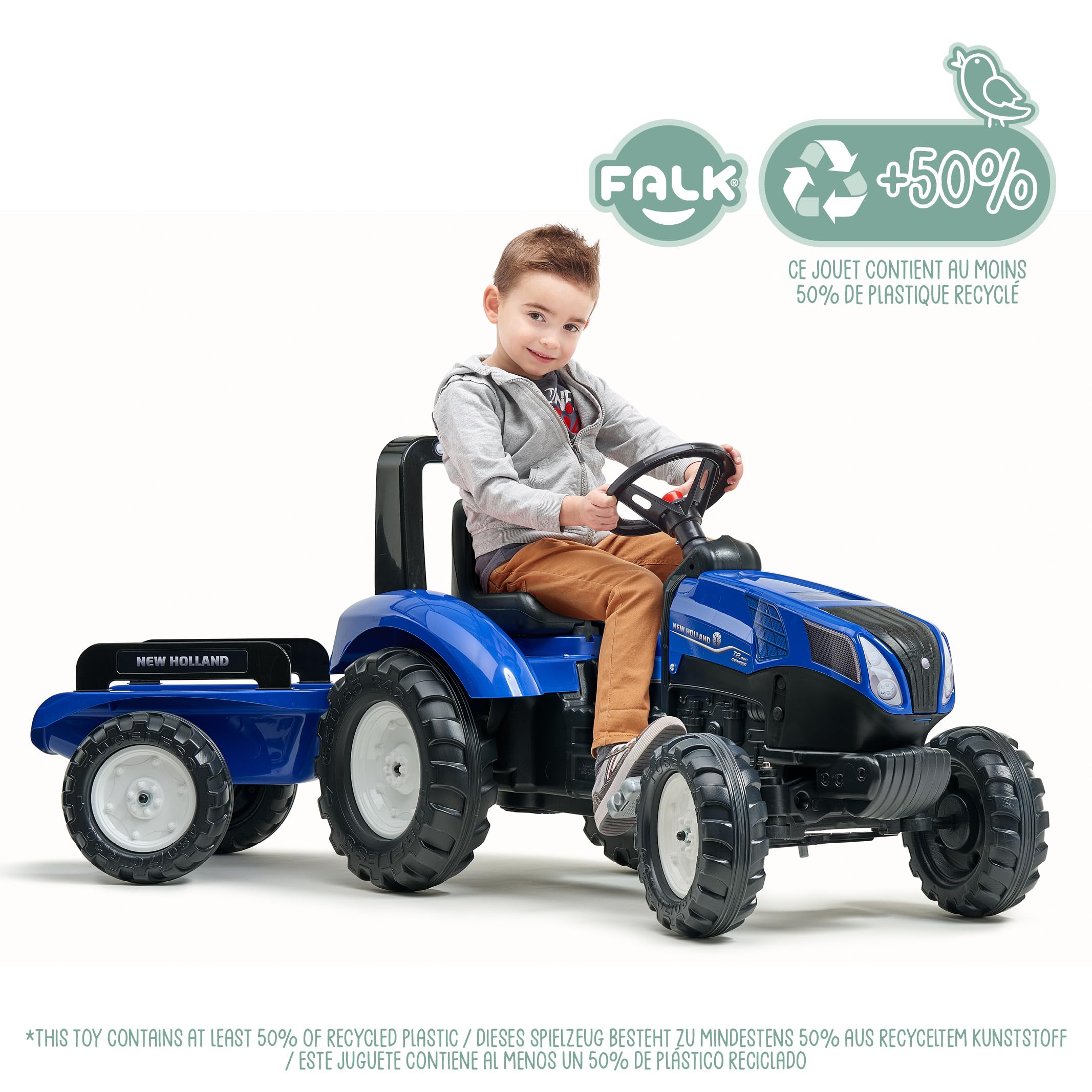 Falk New Holland Traktor pedałowy z przyczepą od 3 lat - Wyprodukowano we Francji kierownica kierunkowa z klaksonem regulowanym-3090B, 3090B