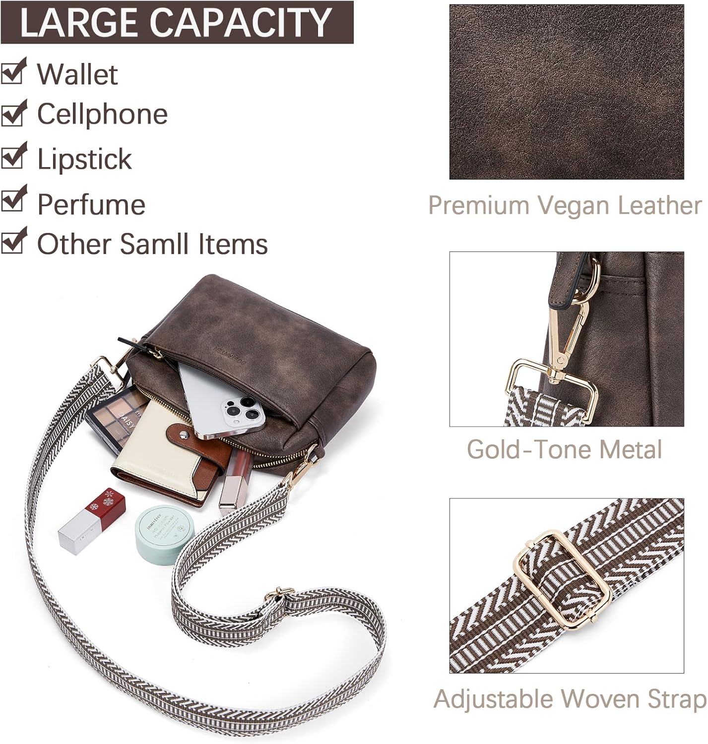 BOSTANTEN Small Crossbody Purse for Women Triple Zip Cell Phone Leather Handbag with Colored Shoulder Strap - Image 4