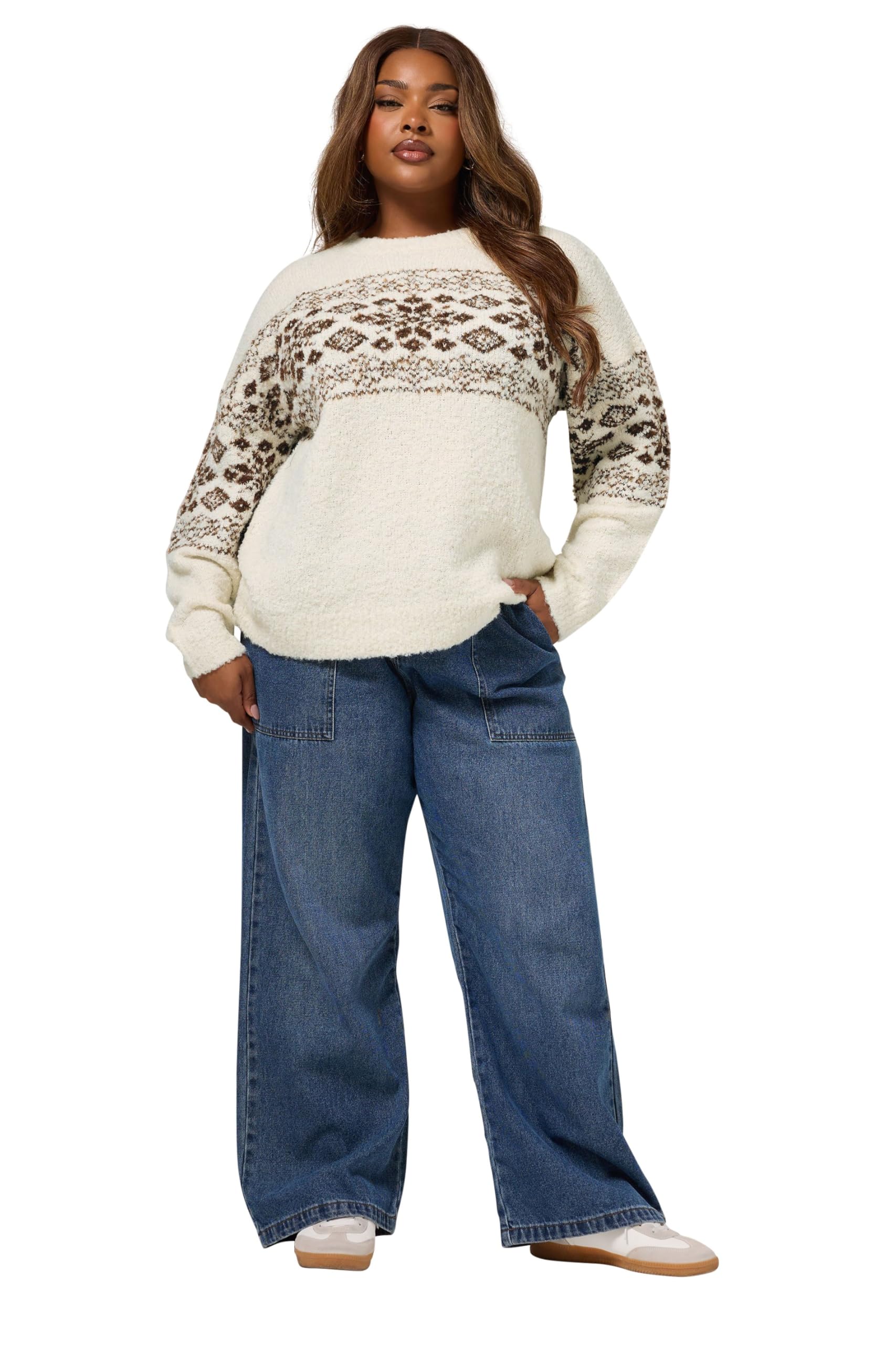 White Yours Curve Ivory Fairisle Boucle Jumper, Women's Curve & Plus Size, Yours