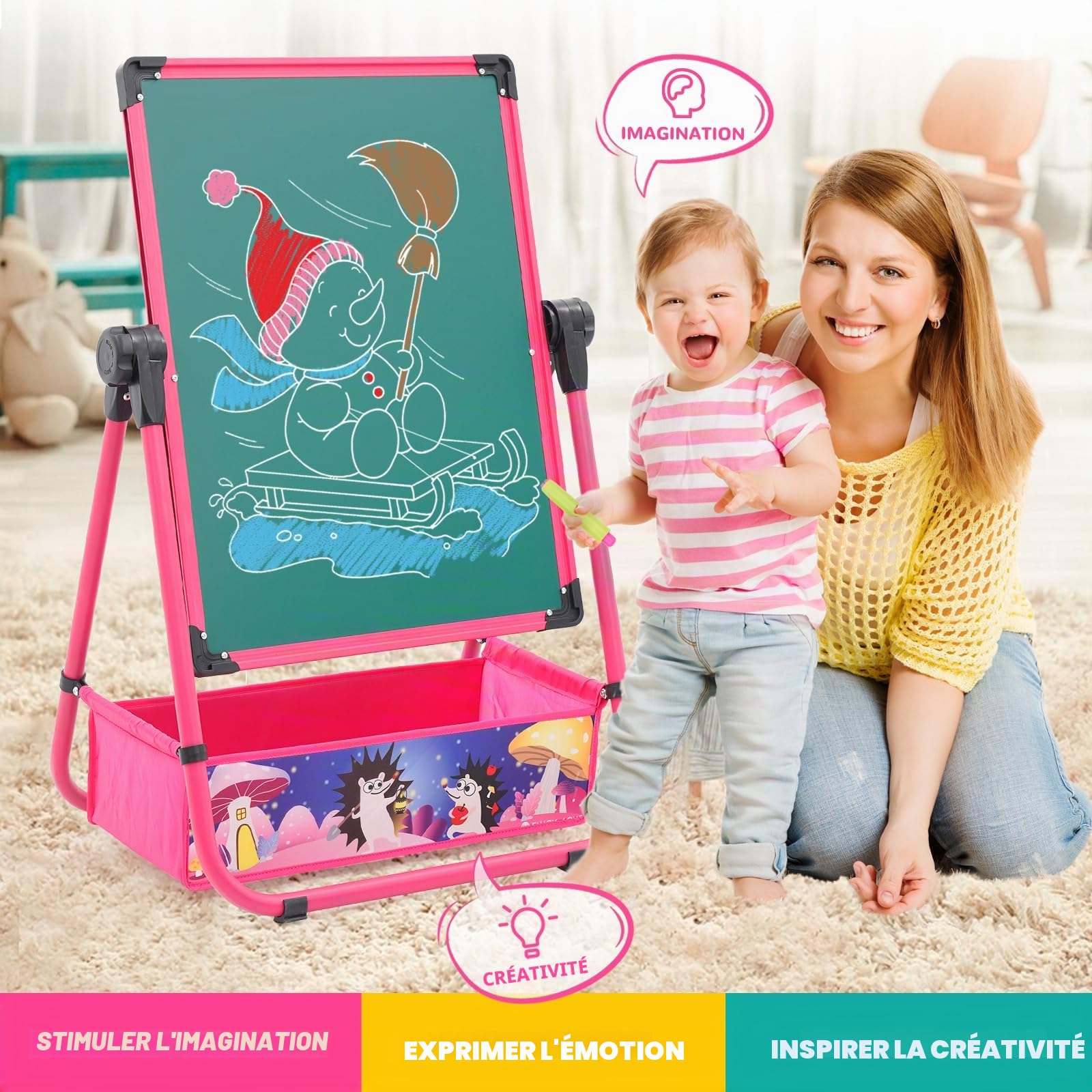 Chevalet pour Enfants, Enfant Chevalet avec magnétique/tableau blanc, Rotation à 360° pour les enfants à partir (rose)