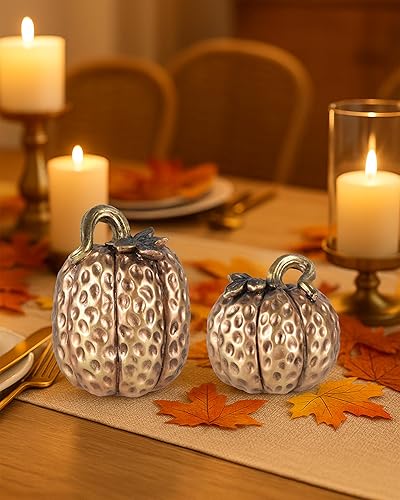 Miniatura 5 de Juego de 2 figuras de calabaza de resina dorada, decoraciones texturizadas de cosecha de otoño para centro de mesa, decoración de Acción de Gracias,