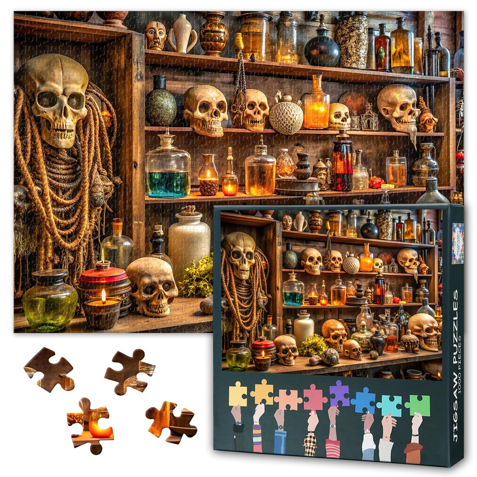 Jigsaw Puzzle for Adults, Spooky Halloween Shop,Skulls, Potion Bottles, and Antique Dolls Parlour Games, Challenging Puzzles